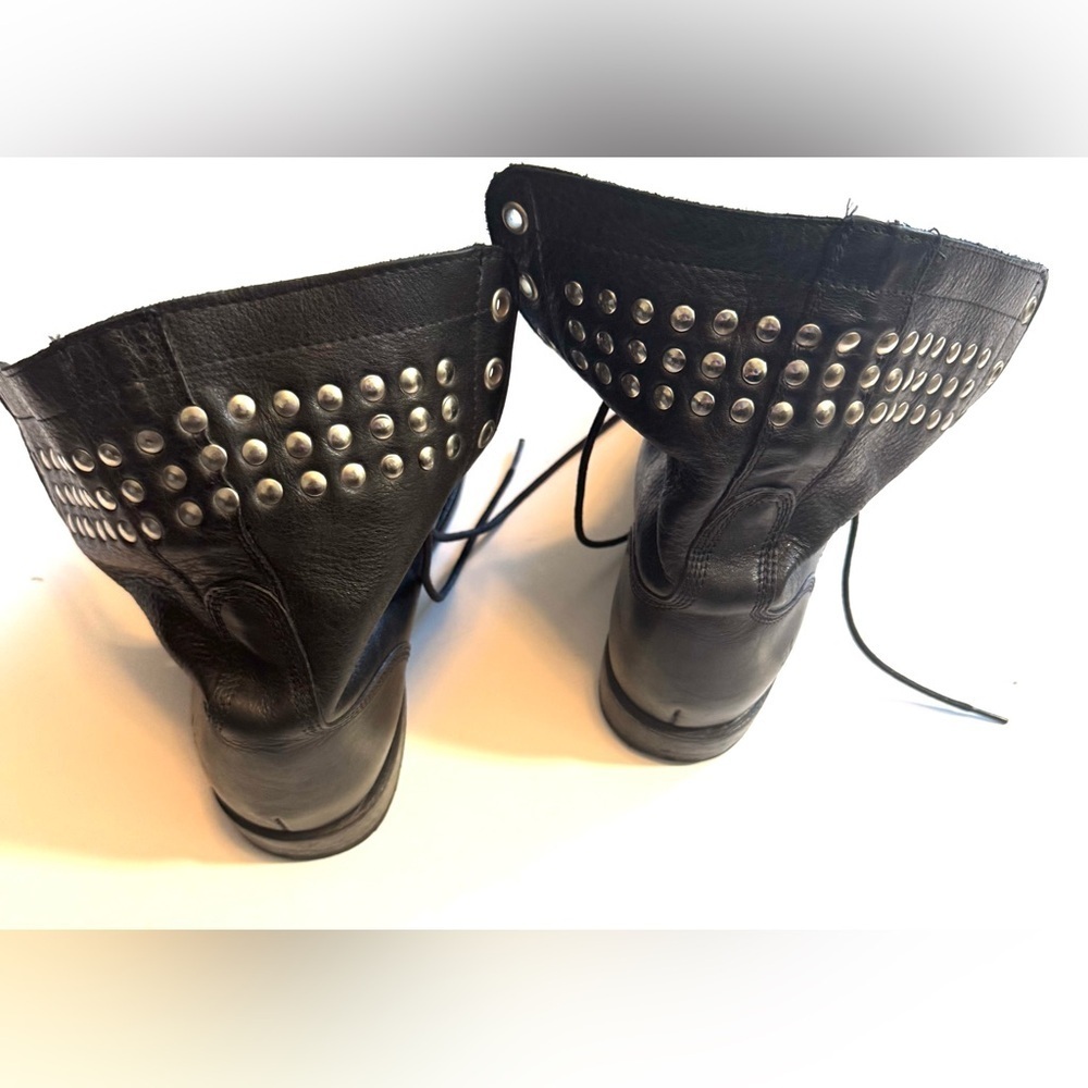 Frye Rogan Black Leather Studded Fold Over Lace Combat Ankle Boots Punk Grunge - Picture 6 of 7